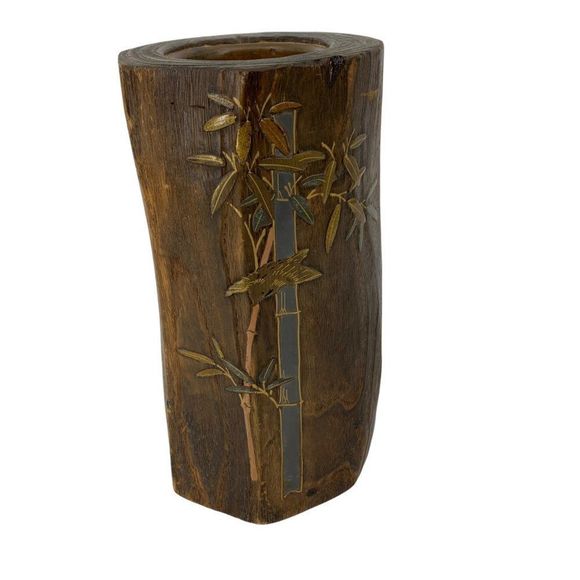 Asian Hand Carved Wood Brush Pot Vase Bamboo Painting 0792 - Picture 8 of 9